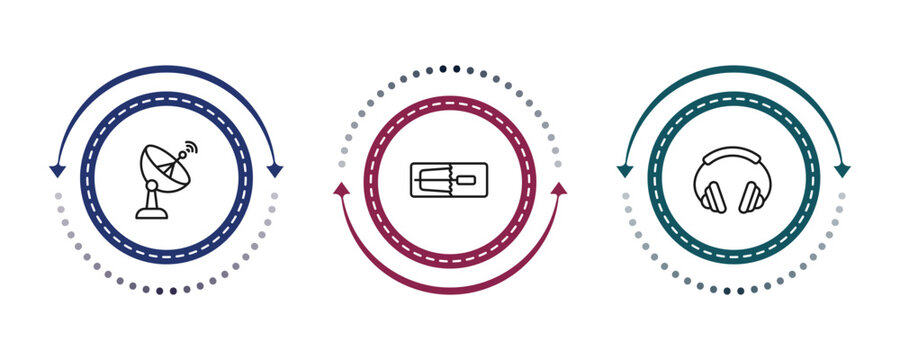 outline electronic devices icons set - satellite dish, mourap, earphones. editable vector for web and mobile ui