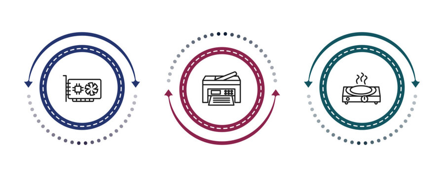 outline electronic devices icons set - sound card, printer, hot plate. editable vector for web and mobile ui