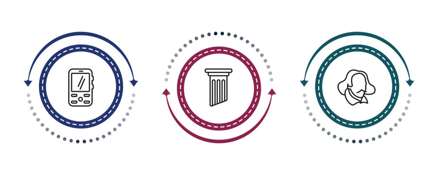 outline education icons set - cellphone, greek pillar, shakespeare. editable vector for web and mobile ui