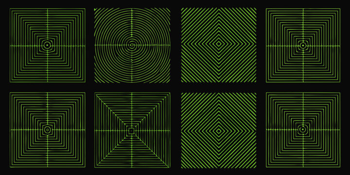 nine geometric grid patterns with progressive lines in a dark green color palette high quality