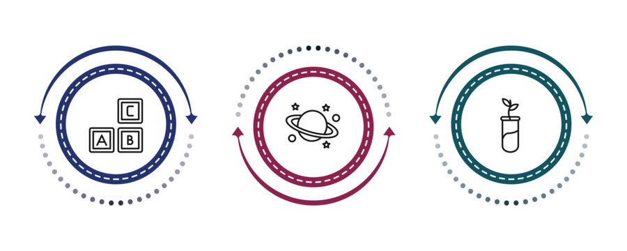 outline education icons set - creche, planet saturn, plant sample. editable vector for web and mobile ui