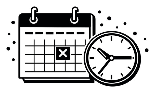 Calendar with a marked date next to a clock, symbolizing effective time management, upcoming deadlines, and event planning