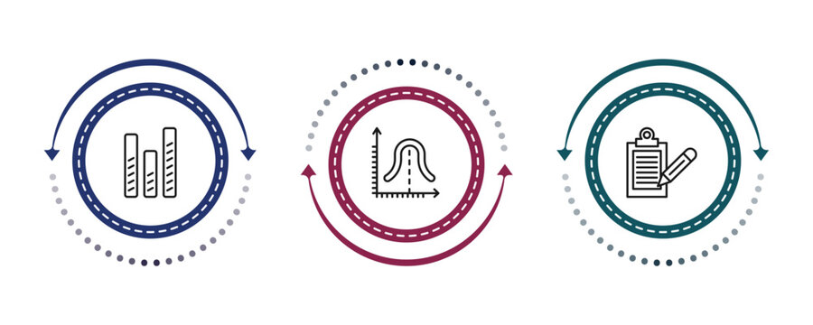 outline education icons set - bars, gaussian function, written clipboard. editable vector for web and mobile ui