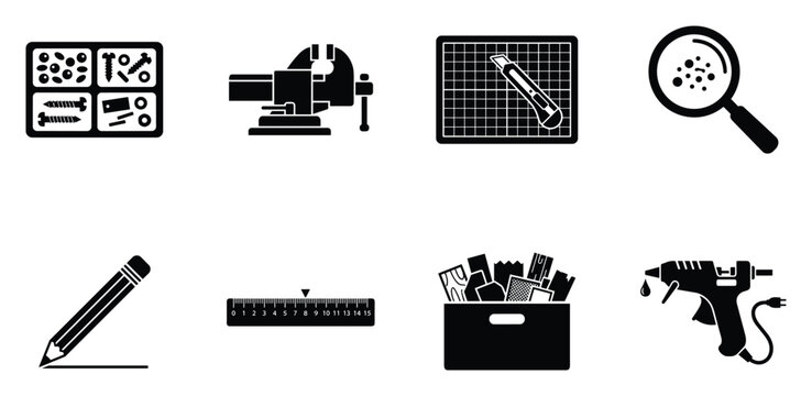 Craft and hobby tools icons set for DIY projects, including vise, cutting mat, glue gun, ruler and magnifying glass.