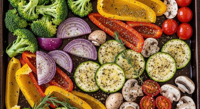 A vibrant sheet pan is filled with colorful roasted vegetables. Broccoli, bell peppers, mushrooms, cherry tomatoes, zucchini, red onion, and rosemary are arranged on a dark baking sheet.