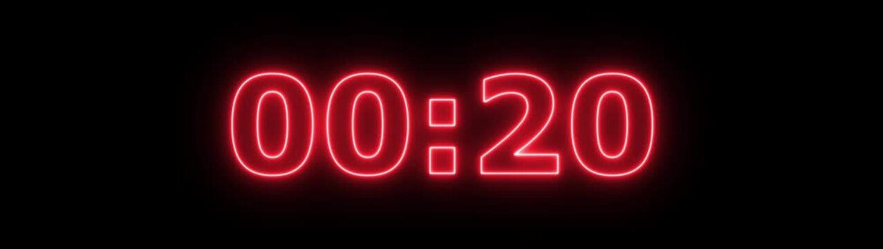 Glowing neon 25 second countdown timer animation from 25 seconds to 0 seconds. colorful color neon Clock  second countdown animation on black background