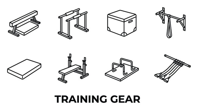 Isometric line art icons of gym equipment for strength training and fitness workouts.