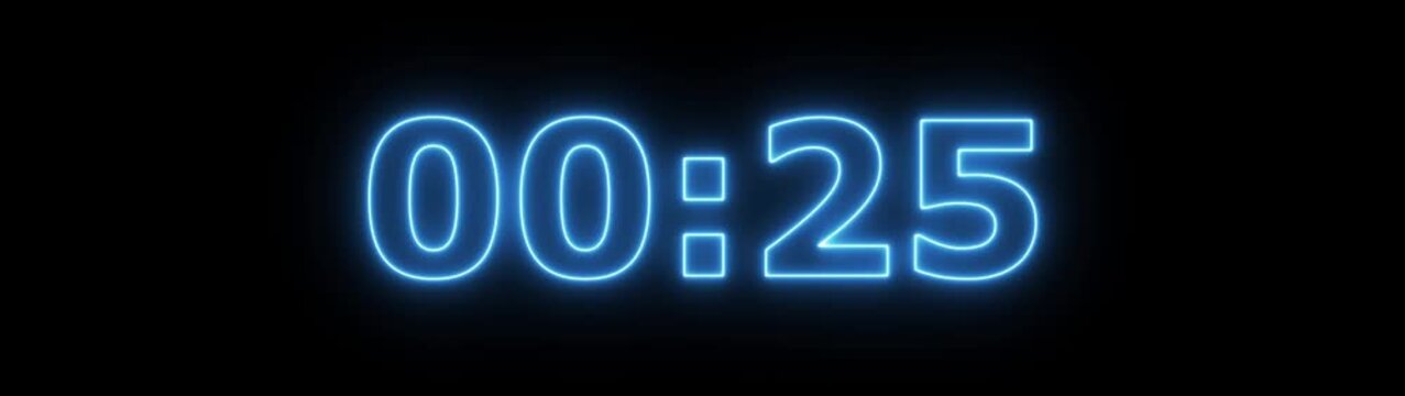 Glowing neon 30 second countdown timer animation from 30 seconds to 0 seconds. colorful color neon Clock  second countdown animation on black background