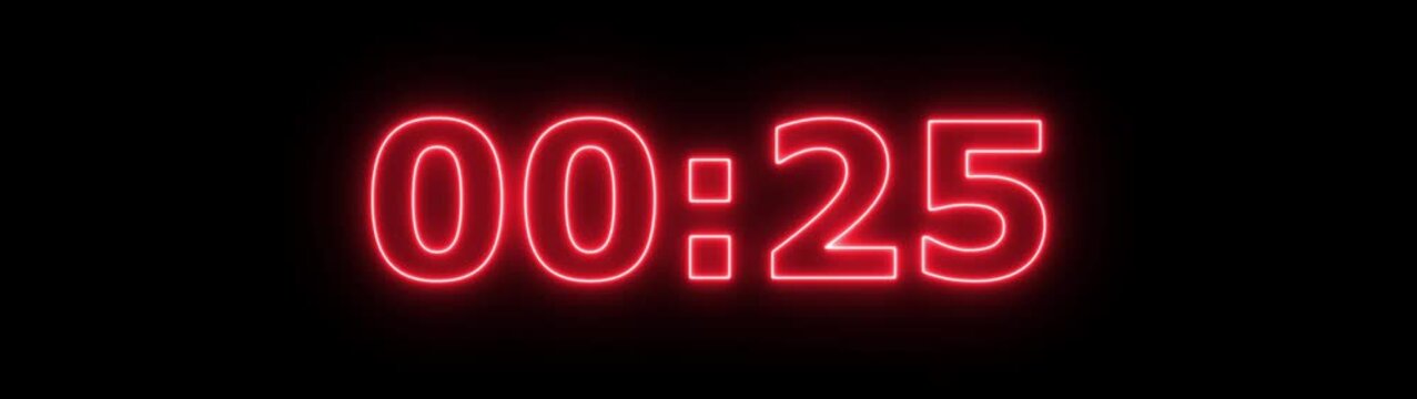 Glowing neon 30 second countdown timer animation from 30 seconds to 0 seconds. colorful color neon Clock  second countdown animation on black background