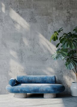 Modern minimalist interior featuring a blue velvet daybed against a raw concrete wall with organic sunlight leaf shadows, perfect for elegant home decor and architectural design concepts.