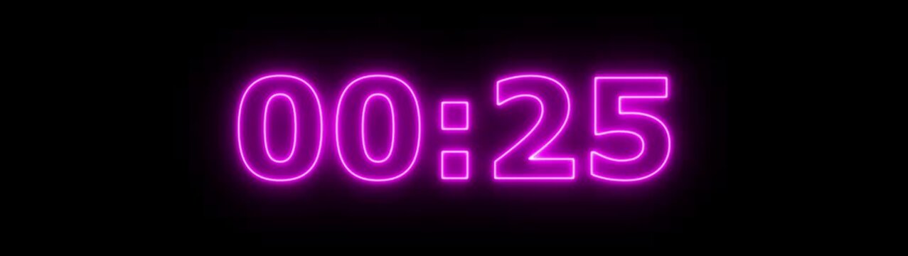 Glowing neon 30 second countdown timer animation from 30 seconds to 0 seconds. colorful color neon Clock  second countdown animation on black background