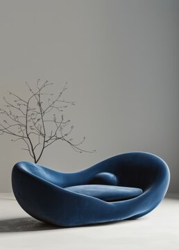 Modern navy blue velvet sofa with organic curved lines set against a minimalist gray studio wall with a bare decorative branch, offering a luxurious concept for upscale interior design.