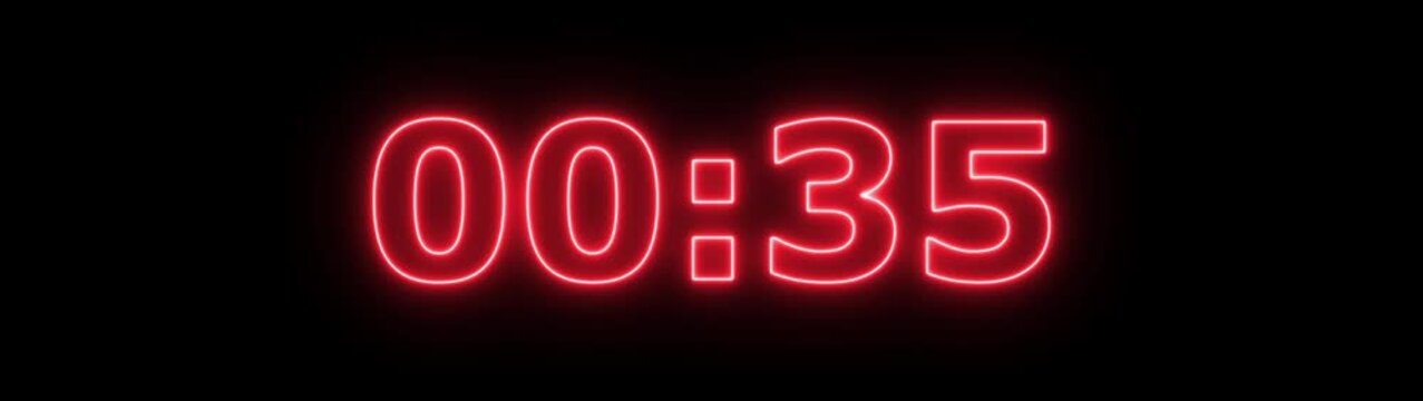 Glowing neon 40 second countdown timer animation from 40 seconds to 0 seconds. colorful color neon Clock  second countdown animation on black background