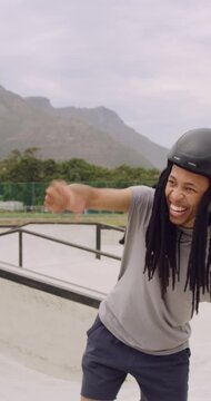 Happy people, rollerskater and urban park with fist bump for social, winning or outdoor hobby. Man, friends or smile with helmet, touch or motivation for success, good job or bonding in city or town