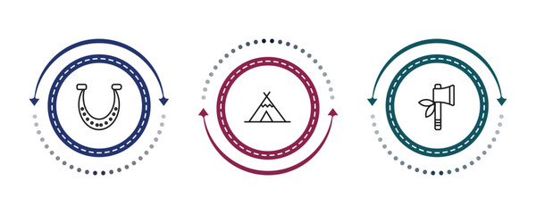 outline desert icons set - horseshoe, wigwam, tomahawk. editable vector for web and mobile ui © IconArt