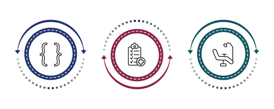 outline dentist icons set - brackets, health report, dental chair. editable vector for web and mobile ui