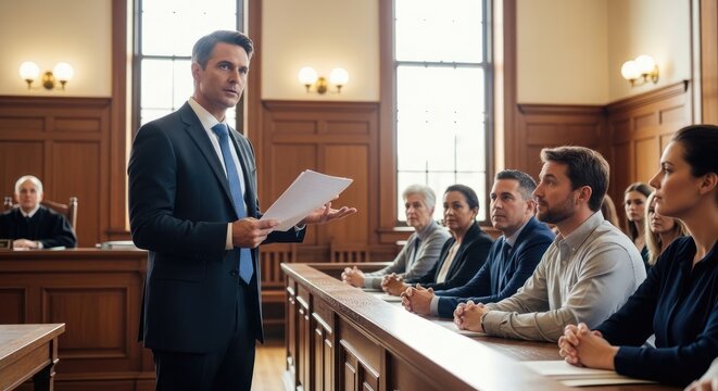 A serious lawyer stands before a courtroom filled with people. He is holding a document and gesturing emphatically while speaking.