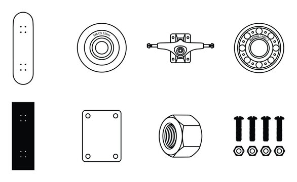 Skateboard components collection line icons set isolated on white background vector.