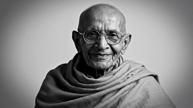Smiling black and white portrait of Mahatma Gandhi.