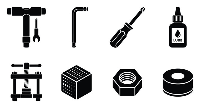 Skateboarding tools and maintenance kit icons for repair and setup with t tool allen wrench screwdriver lube.