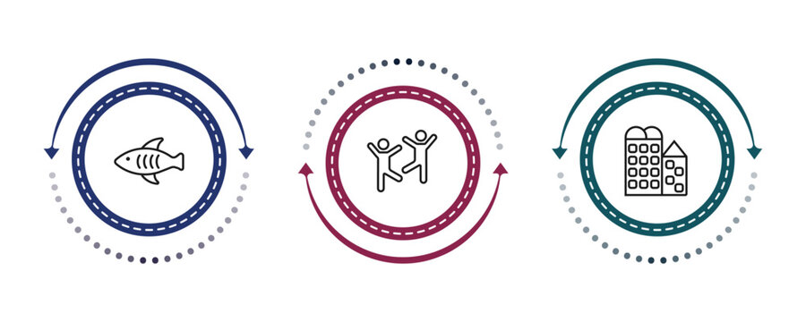 outline culture icons set - marine fish, capoeira brazil dancers, bo kaap. editable vector for web and mobile ui
