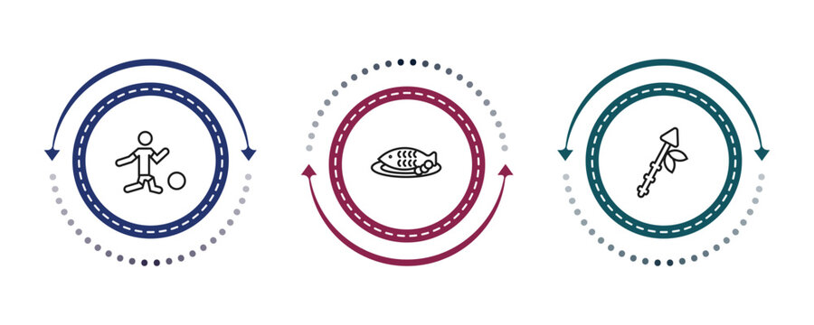 outline culture icons set - brazil soccer player, cantonese fish, native american spear. editable vector for web and mobile ui