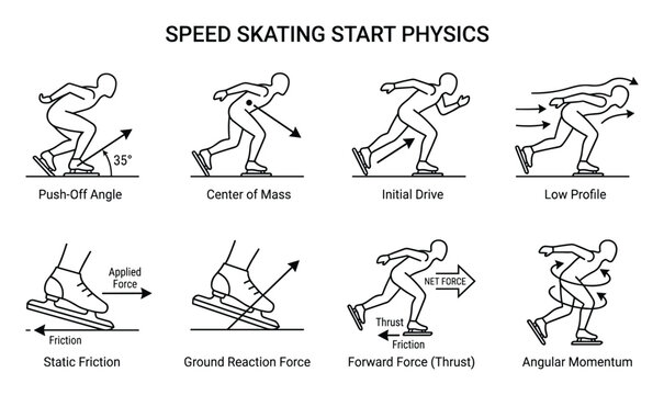 Speed skating start physics diagram vector illustration of biomechanics principles.