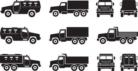 Military Truck and Armored Vehicle Silhouette Icon Vector Set © Vector 4 You