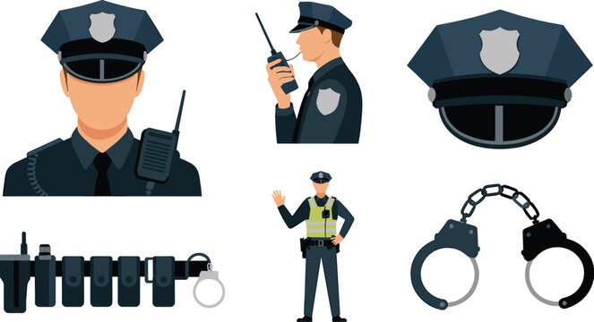 Police Officer Character and Security Equipment Flat Design Vector Icon Set