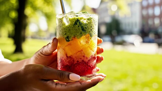 A refreshing summer drink with colorful layers and mint on top held by a hand