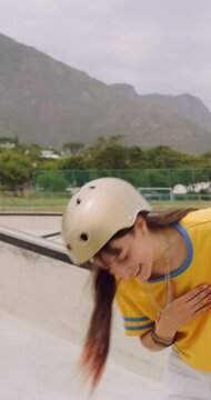 Happy people, rollerskater and friends with fist bump for social, winning or outdoor hobby. Man, woman or smile with helmet, touch or motivation for success, good job or bonding in city or town