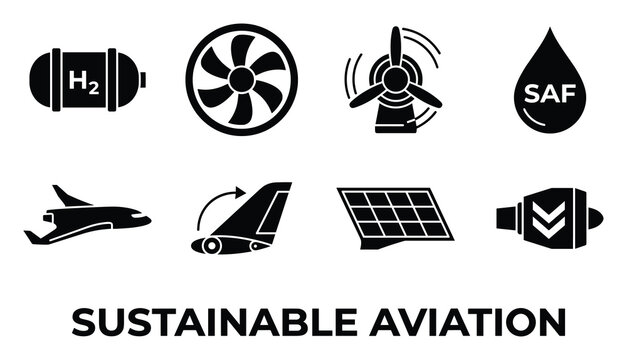 Sustainable aviation concept icons with airplane fuel engine and solar panel on white background.