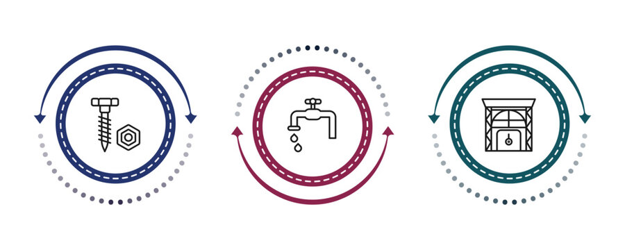outline construction icons set - nuts and bolts, stopcock, big door. editable vector for web and mobile ui