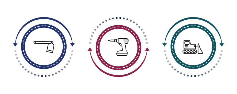 outline construction icons set - gardening digger, cordless drill, bulldozer. editable vector for web and mobile ui