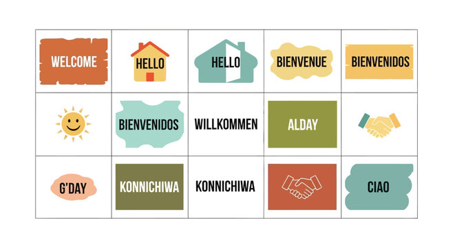 Greeting words in different languages, communication and welcome concept