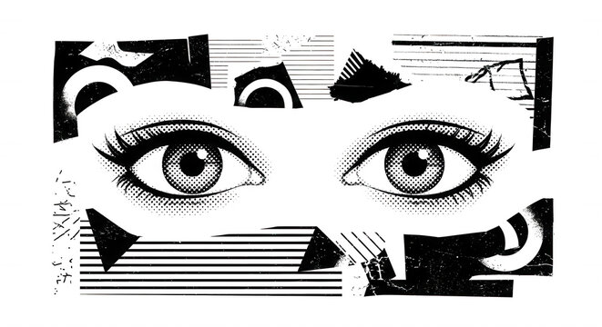 Black and white featuring a pair of human eyes surrounded by geometric shapes, halftone patterns, and distressed lines