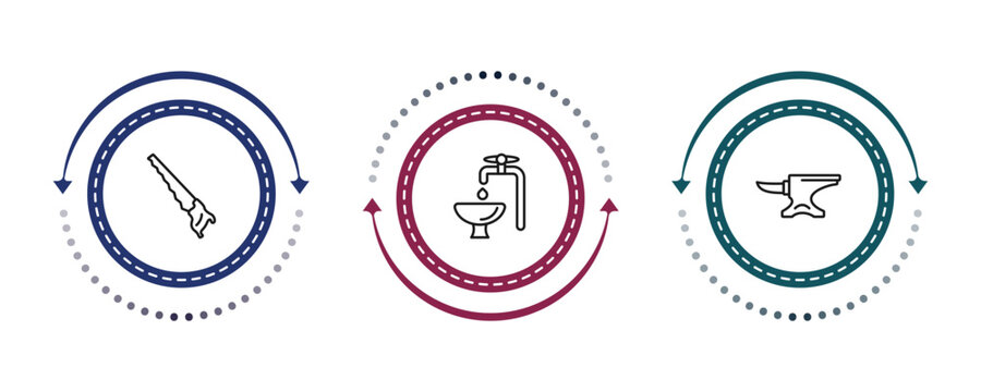outline construction tools icons set - hand saw, adjusment system, anvil. editable vector for web and mobile ui
