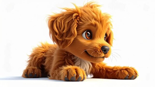 Adorable Cartoon Golden Puppy Lying Down and Smiling on White Background, Fluffy Animated Dog Character