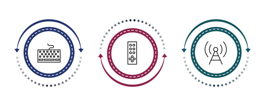 outline computer icons set - keyboard with cable, tv remote, telecommunications. editable vector for web and mobile ui