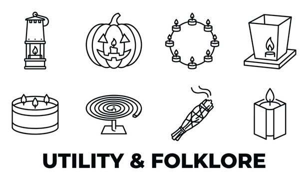 Utility and folklore items set, lantern pumpkin candle and incense coil on white background.