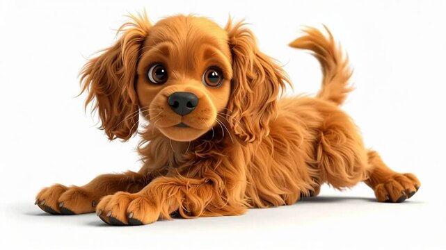 Cute Animated Golden Puppy Lying Down and Wagging Tail on White Background