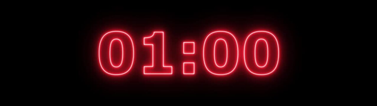 Neon 1 minute 65 second countdown animation from 65 seconds to 0 seconds on a transparent background, Neon One minute 65 second countdown timer with alpha channel 