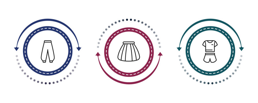 outline clothes icons set - harem pants, tulle skirt, pijama. editable vector for web and mobile ui