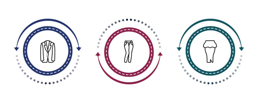 outline clothes icons set - jersey blazer, slim fit pants, peplum skirt. editable vector for web and mobile ui