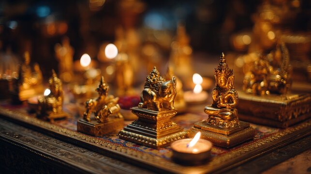 votive. Altar with gold figurines and offerings in warm candlelight. event programs, museum guides, designed for cultural heritage projects and event programs, supports education.