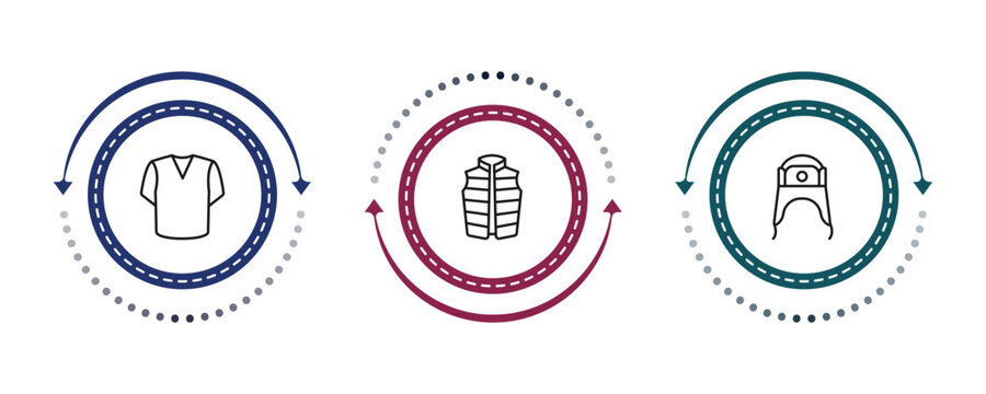 outline clothes icons set - v neck shirt, padded vest, ushanka. editable vector for web and mobile ui