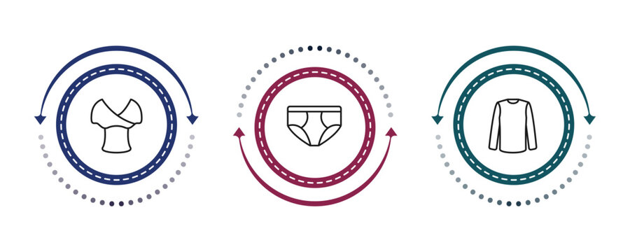 outline clothes icons set - draped top, briefs, long sleeves t shirt. editable vector for web and mobile ui