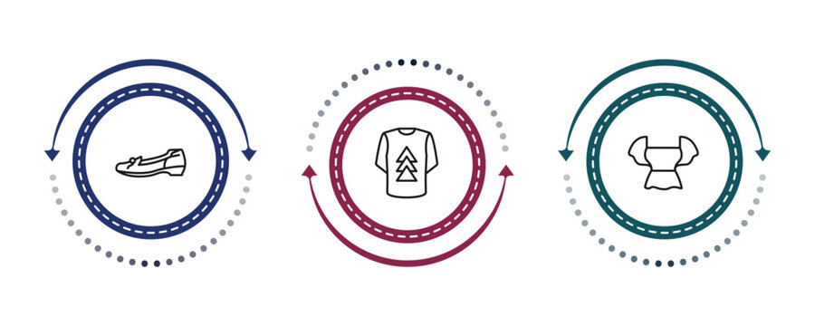 outline clothes icons set - leather shoes, t shirt with de, peplum top. editable vector for web and mobile ui