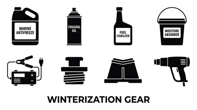 Winterization gear icons set for boat and vehicle care, including antifreeze fuel stabilizer and moisture absorber.