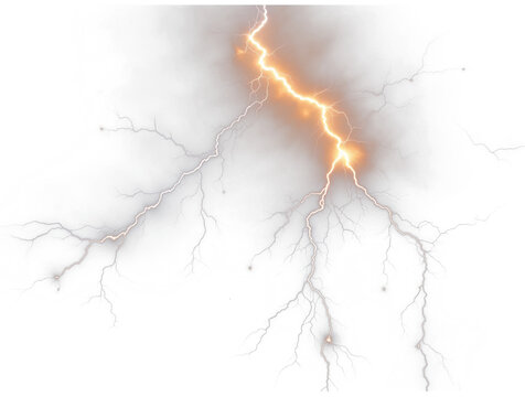 Bright and powerful lightning bolts illuminating a dramatic natural phenomenon, isolated on a transparent background.